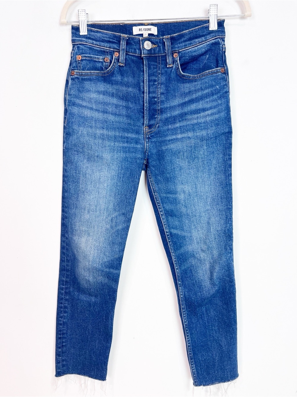 RE/DONE SLIM STRAIGHT BUTTON FLY FRAY HEM CROP JEANS WOMENS SZ 26